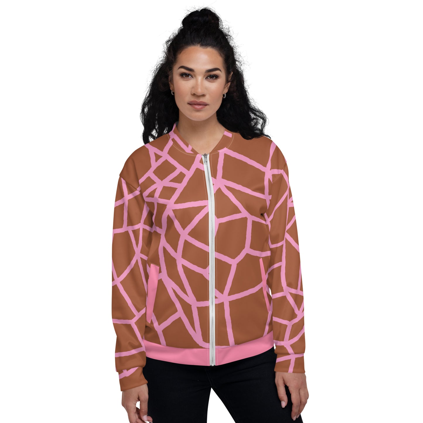 Insook Hwang's art_Net_Unisex Bomber Jacket_Pink on Brown