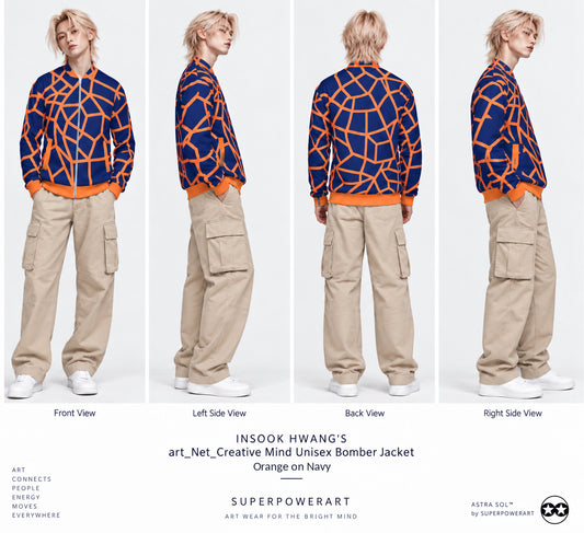 Model wearing Insook Hwang's Net Creative Mind unisex bomber jacket in orange on navy, shown front, left side, back and right side with beige cargo pants and white sneakers.