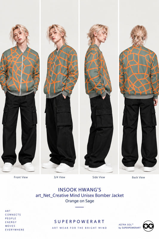 ASTRA SOL by SUPERPOWERART poster showing Insook Hwang's Net Creative Mind unisex bomber jacket in orange on sage, in front, 3/4, side and back views.