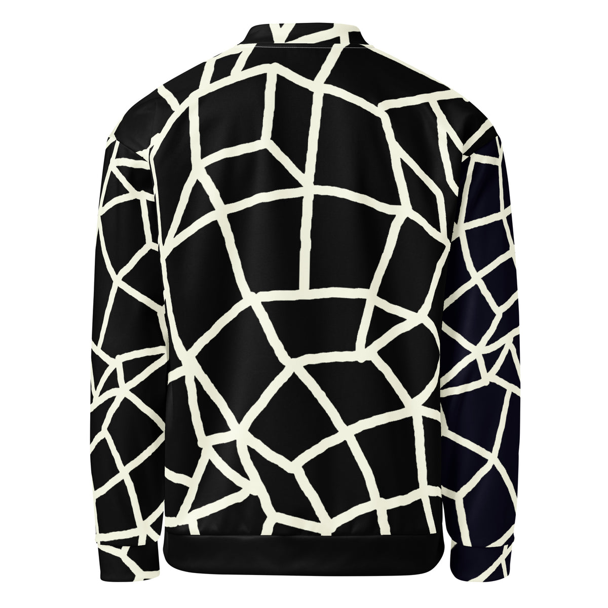 Insook Hwang's Net Creative Mind unisex bomber jacket in Cream on Black, back view on a white background