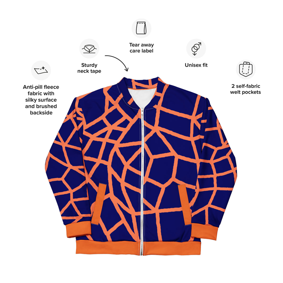 Insook Hwang's Net Creative Mind unisex bomber jacket in Orange on Sage with labels for anti-pill fleece, sturdy neck tape, tear-away care label, unisex fit and two self-fabric welt pockets