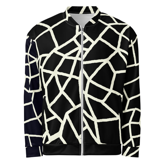 Insook Hwang's Net Creative Mind unisex bomber jacket in Cream on Black, front view on a white background