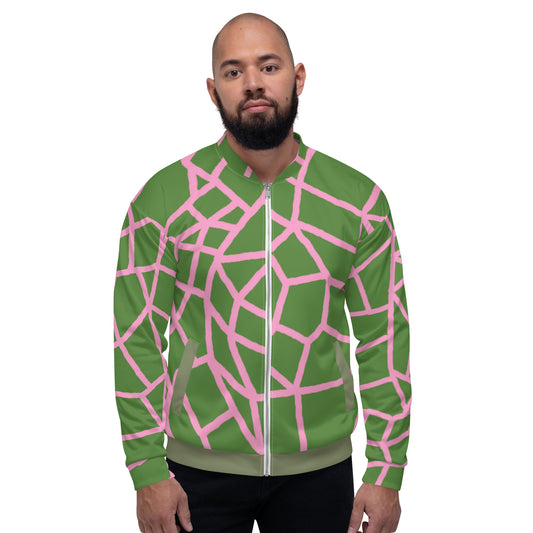 Insook Hwang's art_Net_Unisex Bomber Jacket_Pink on Olive #1