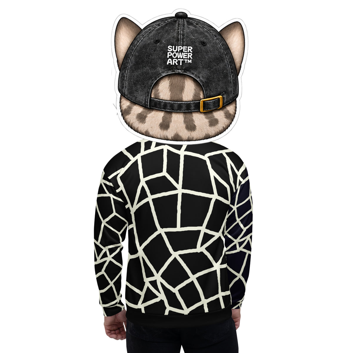 Model wearing Insook Hwang's Net Creative Mind unisex bomber jacket in cream on black, with the SUPERPOWERART cat mascot head and a black cap showing the white SUPERPOWERART™ wordmark on the back, back view on white