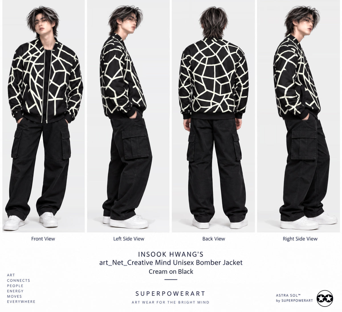 ASTRA SOL by SUPERPOWERART poster showing Insook Hwang's Net Creative Mind unisex bomber jacket in cream-on-black, worn by a model in front, left side, back and right side views with beige cargo pants and white sneakers
