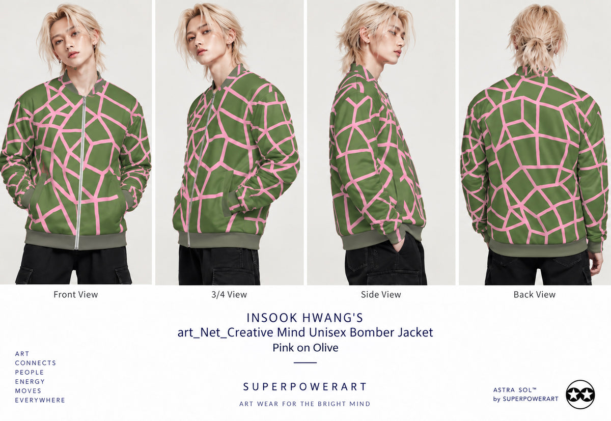 ASTRA SOL by SUPERPOWERART poster showing Insook Hwang's Net Creative Mind unisex bomber jacket in pink on olive, in front, 3/4, side and back views
