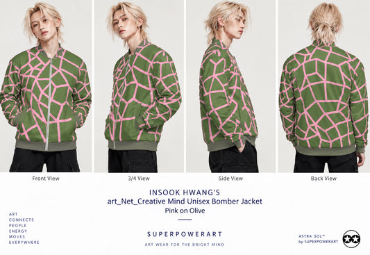 ASTRA SOL by SUPERPOWERART poster showing Insook Hwang's Net Creative Mind unisex bomber jacket in pink on olive, in front, 3/4, side and back views