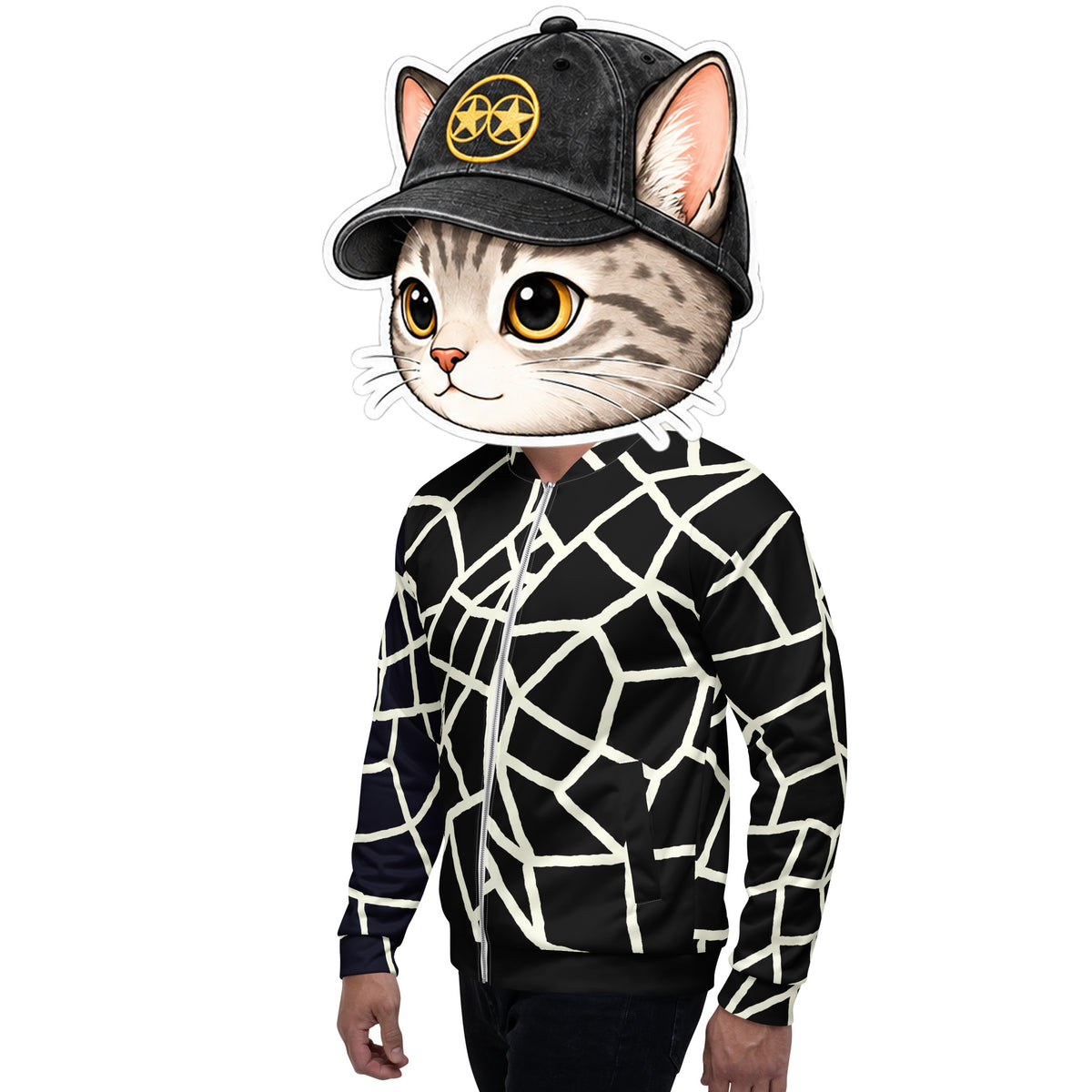 Model wearing Insook Hwang's Net Creative Mind unisex bomber jacket in cream on black, with the SUPERPOWERART cat mascot head and a black cap bearing the gold SUPERPOWERART star-eyes logo, three-quarter view on white

