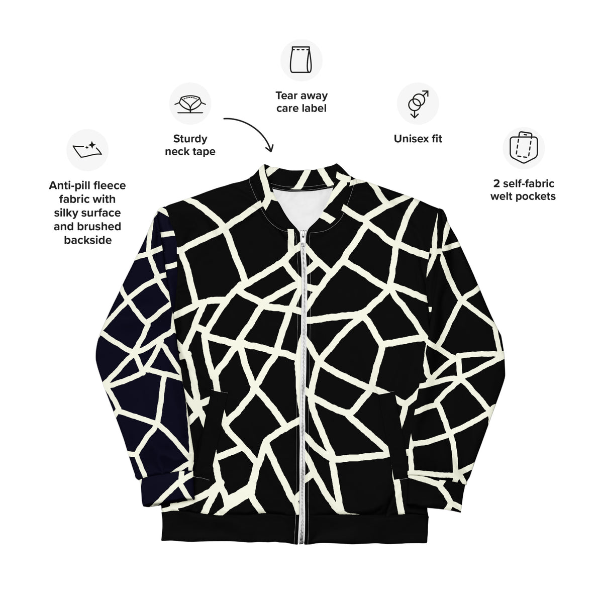 Insook Hwang's Net Creative Mind unisex bomber jacket in Cream on Black with labels for anti-pill fleece, sturdy neck tape, tear-away care label, unisex fit and two self-fabric welt pockets