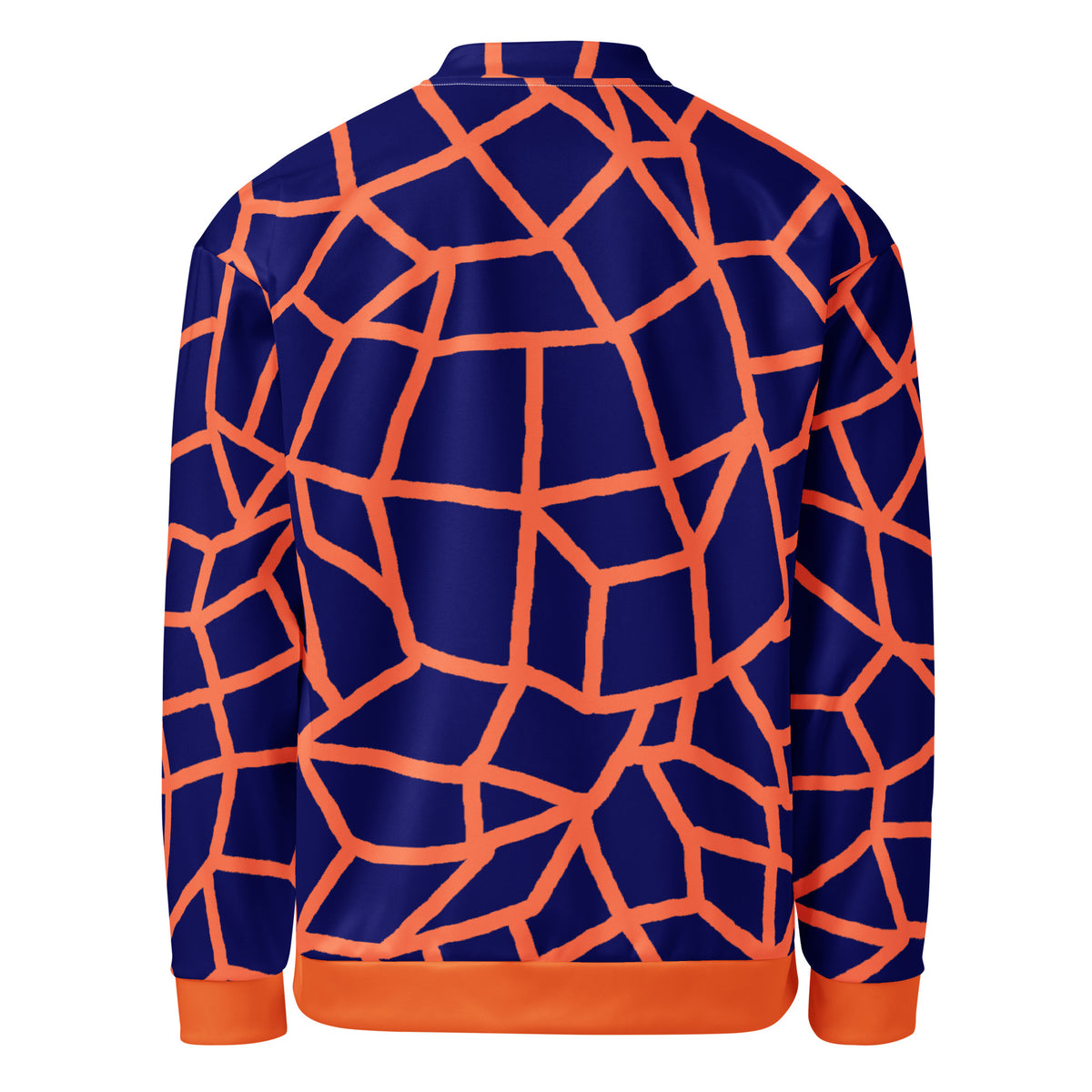 Insook Hwang's Net Creative Mind unisex bomber jacket in Orange on Navy, back view on a white background
