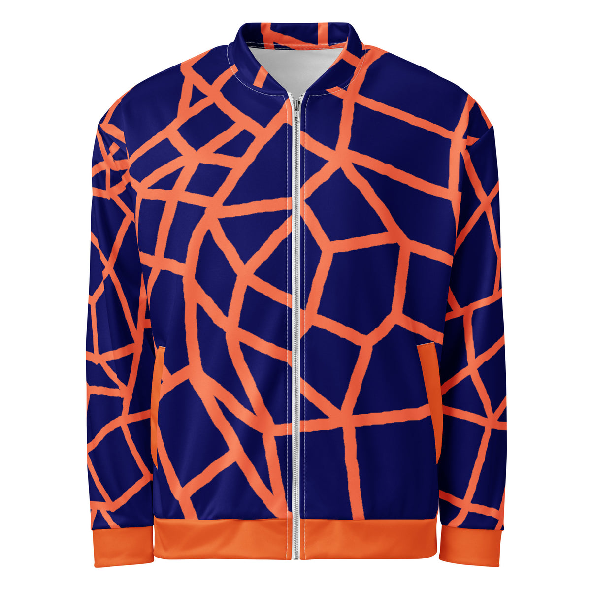 Insook Hwang's Net Creative Mind unisex bomber jacket in Orange on Navy, front view on a white background