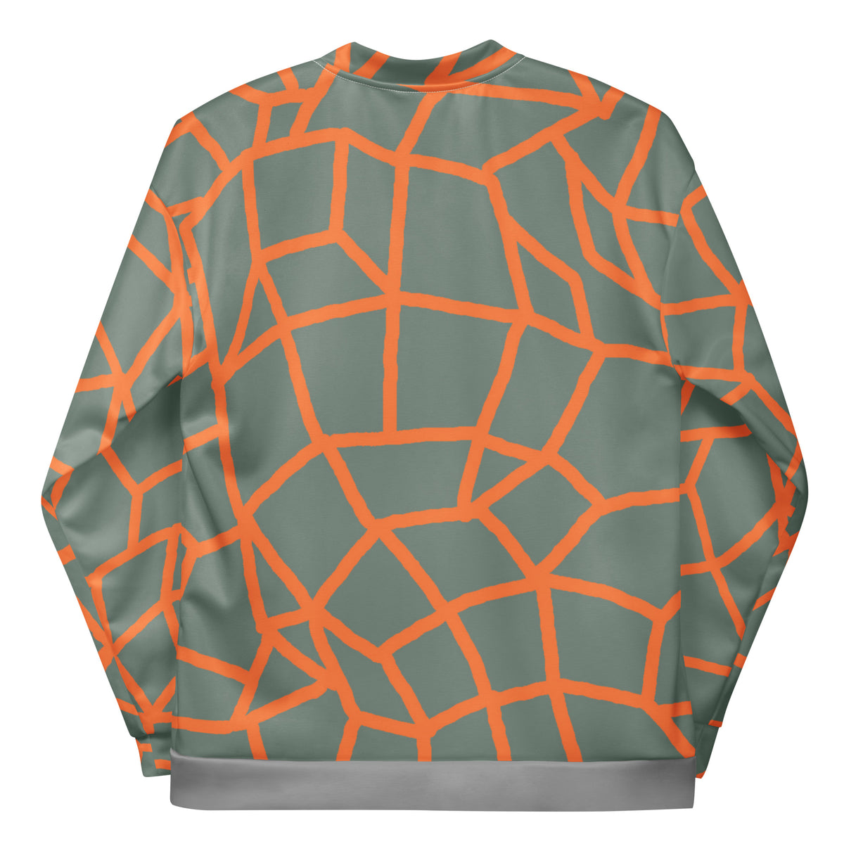 Insook Hwang's Net Creative Mind unisex bomber jacket in Orange on Sage, back view on a white background