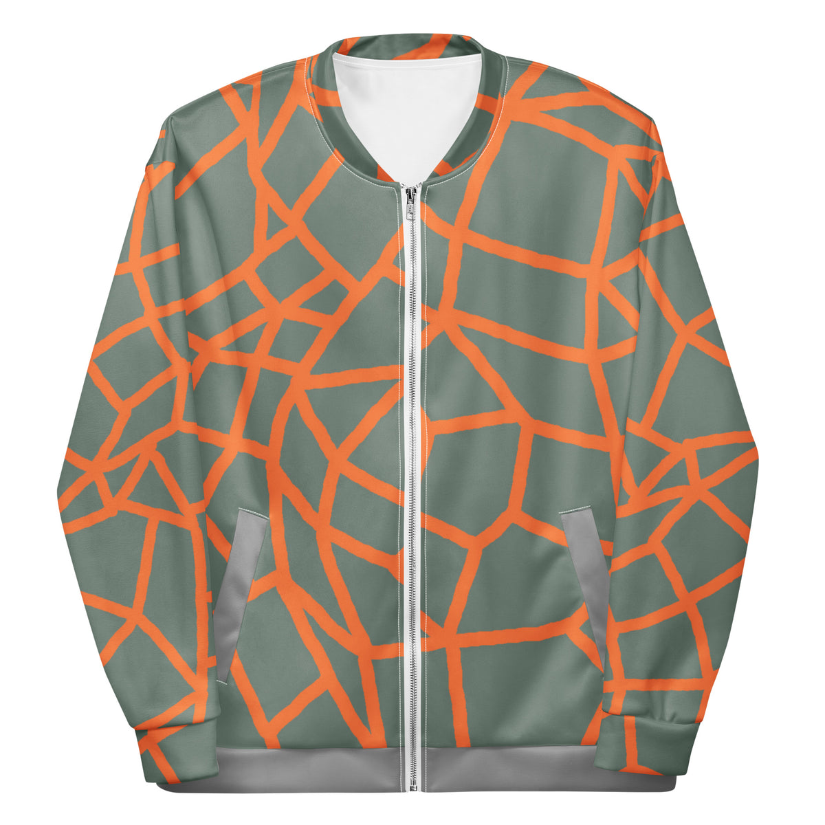 Insook Hwang's Net Creative Mind unisex bomber jacket in Orange on Sage, front view on a white background