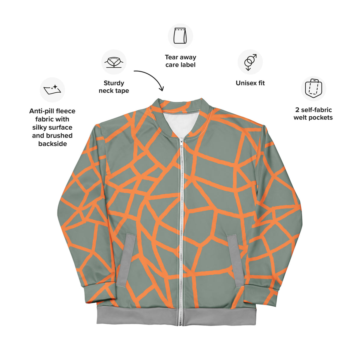 Insook Hwang's Net Creative Mind unisex bomber jacket in Orange on Sage with labels for anti-pill fleece, sturdy neck tape, tear-away care label, unisex fit and two self-fabric welt pockets