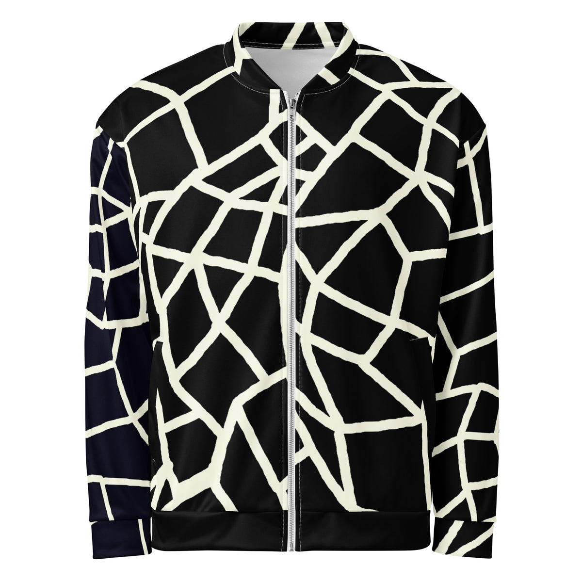Insook Hwang's Net Creative Mind unisex bomber jacket in Cream on Black, front view on a white background