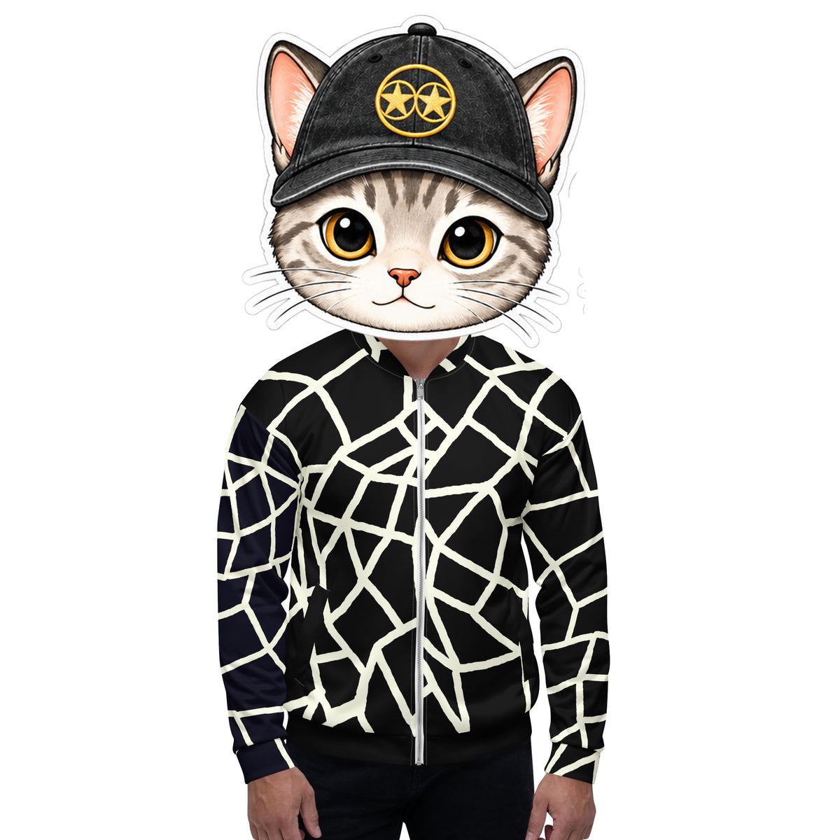 Model wearing Insook Hwang's Net Creative Mind unisex bomber jacket in cream on black, with the SUPERPOWERART cat mascot head and black star-eyes cap, front view on white
