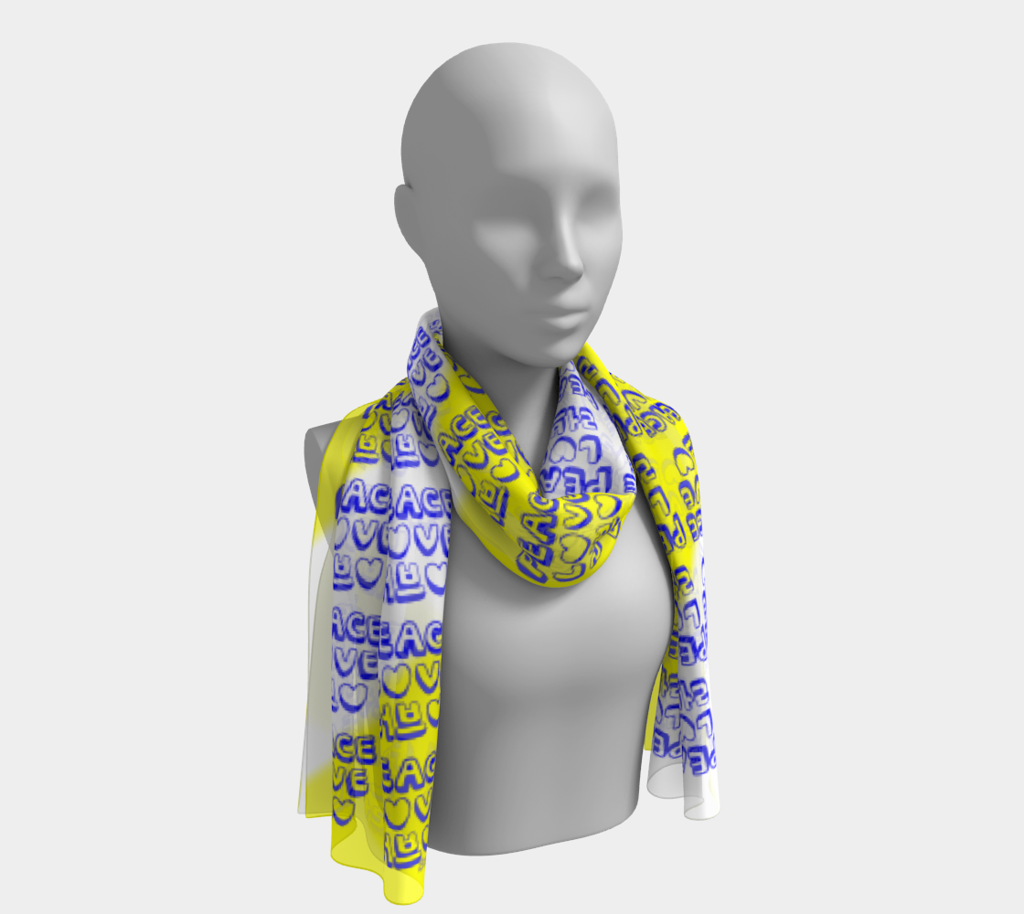 Insook Hwang's Art_Scarves_Love&Peace_bluetext_yellow_white