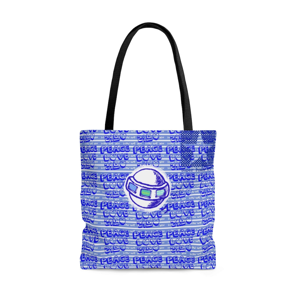 Insook Hwang's art_Love Peace_UFO & Eye ballAOP Tote Bag_Blue