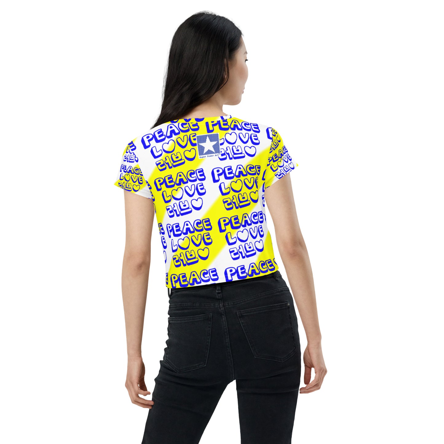 Insook Hwang's art_Love and Peace_All-Over Print Crop Tee_yellow