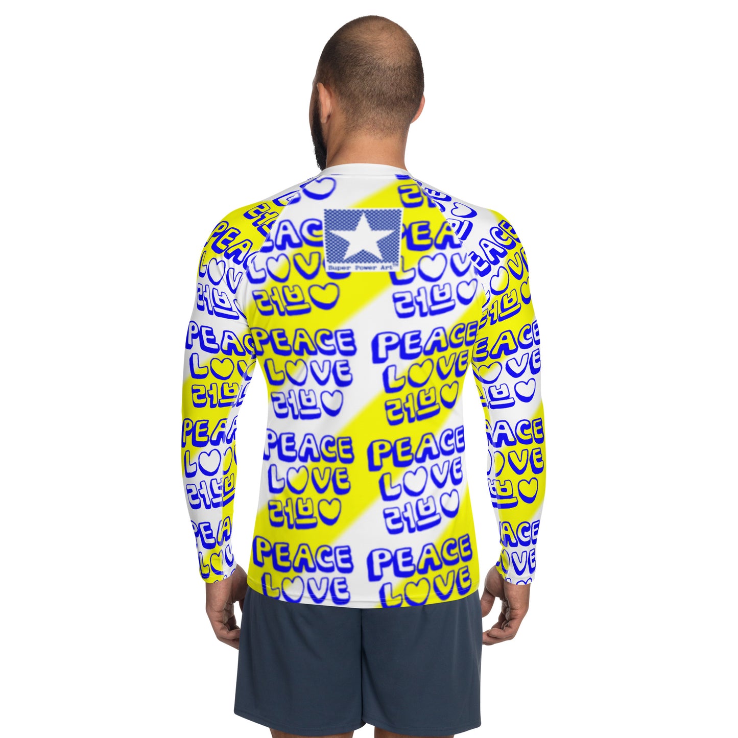 Insook Hwang's art_Love&Peace_Men's rash guard_Yellow_white neck