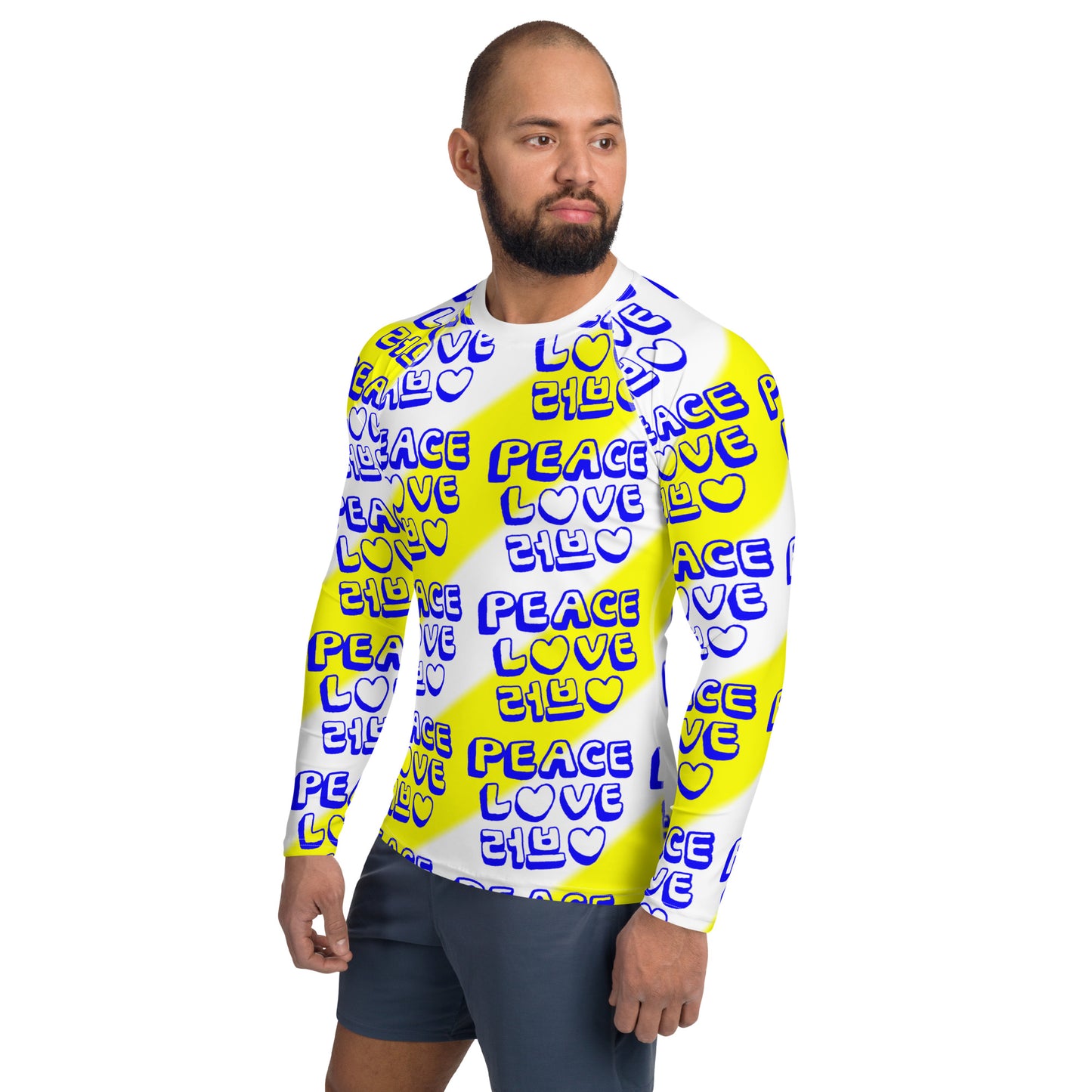 Insook Hwang's art_Love&Peace_Men's rash guard_Yellow_white neck