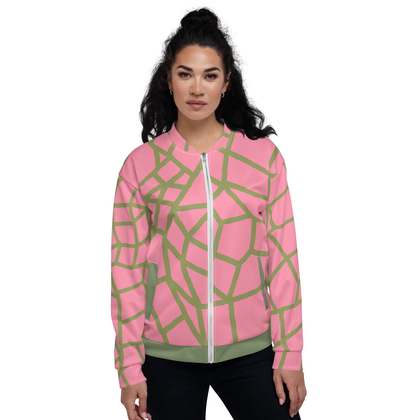 Insook Hwang's art_Net_Creative Mind Unisex Bomber Jacket_Green on Pink