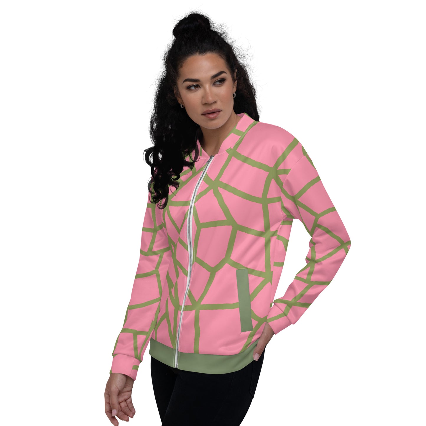 Insook Hwang's art_Net_Creative Mind Unisex Bomber Jacket_Green on Pink