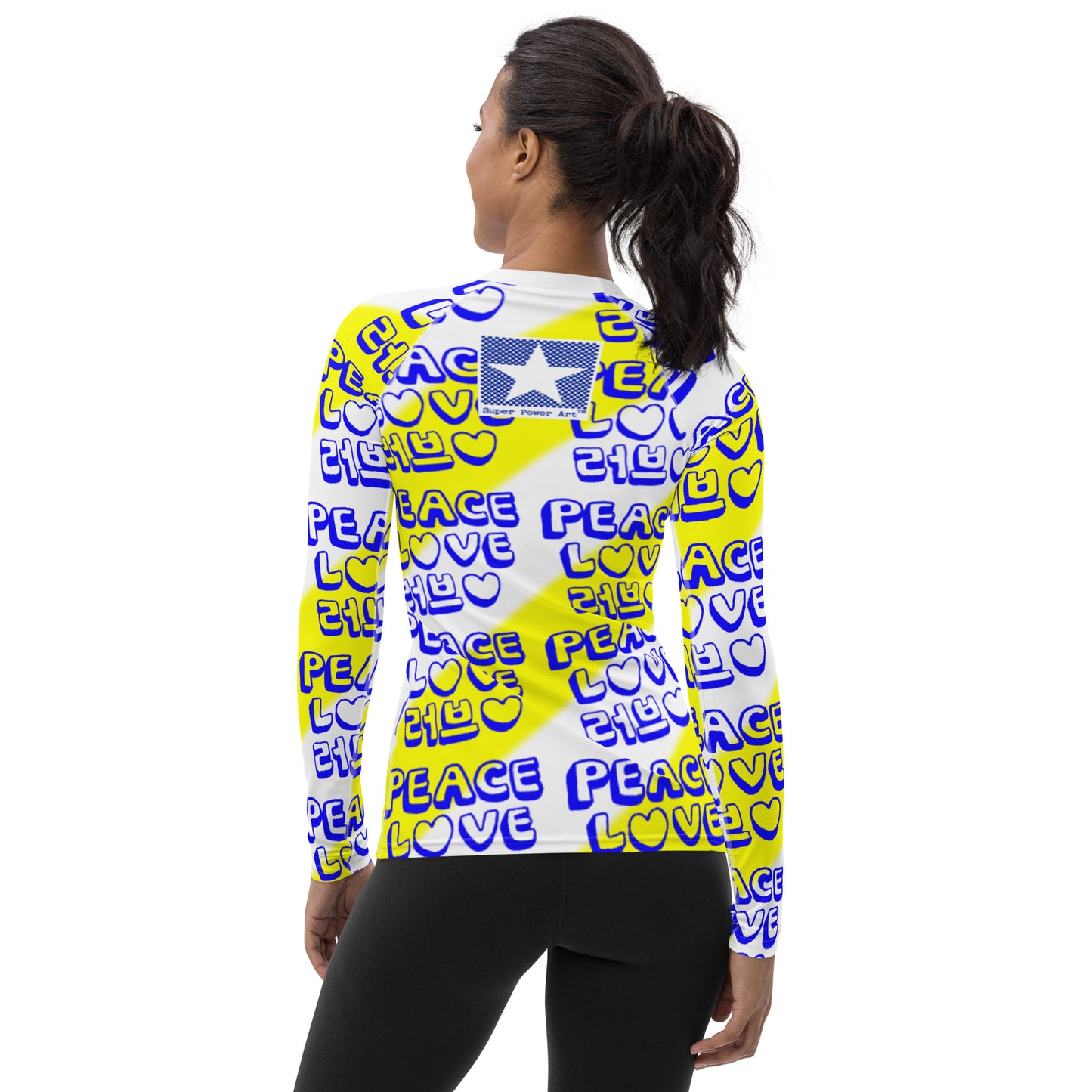 Insook Hwang's art_Love&Peace_women's rash guard_Yellow_white neck