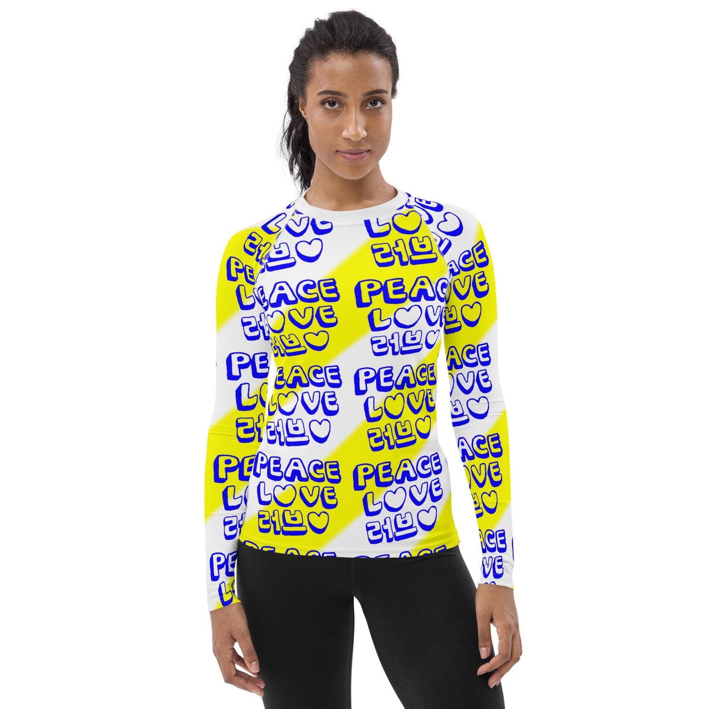 Insook Hwang's art_Love&Peace_women's rash guard_Yellow_white neck