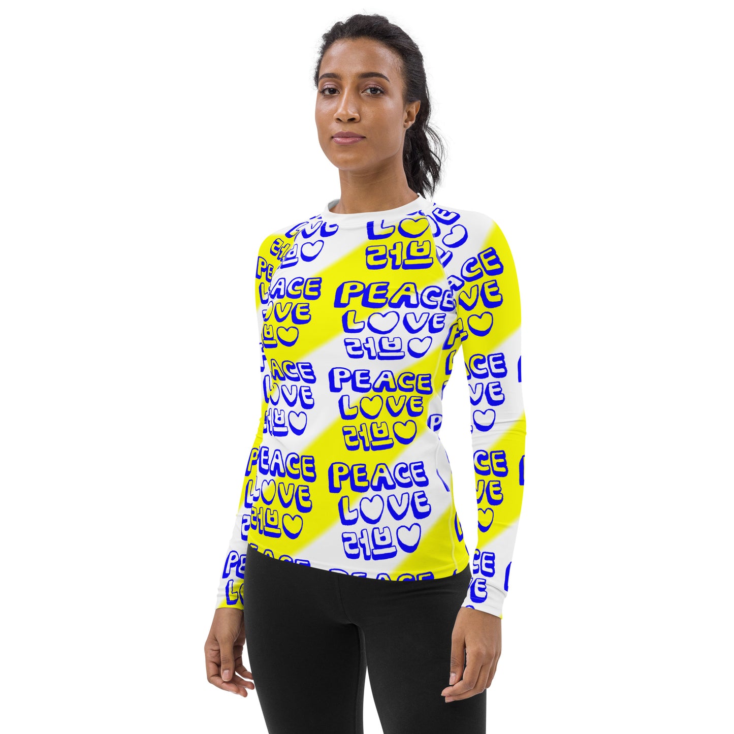 Insook Hwang's art_Love&Peace_women's rash guard_Yellow_white neck