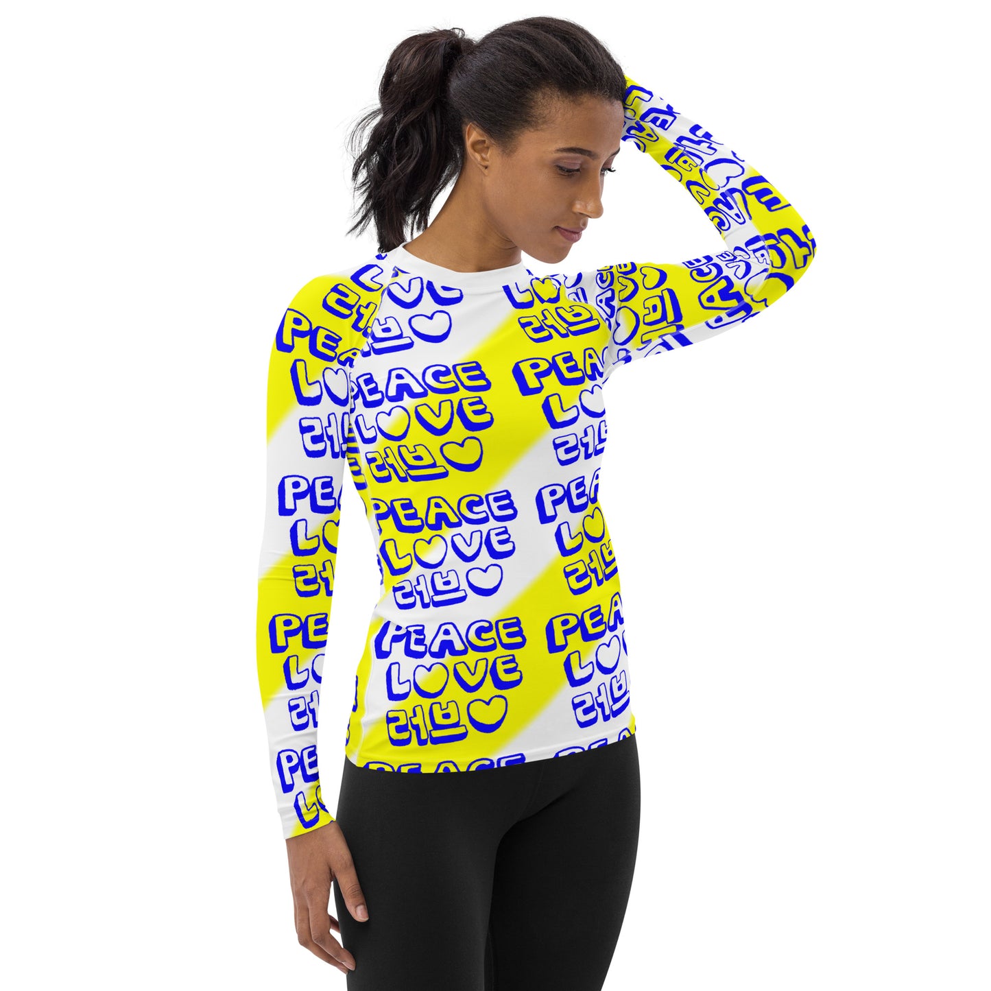 Insook Hwang's art_Love&Peace_women's rash guard_Yellow_white neck