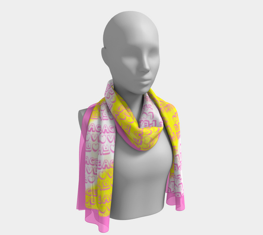 Insook Hwang's Art_Scarves_Love&Peace_pinktext_yellow#2_pinkline